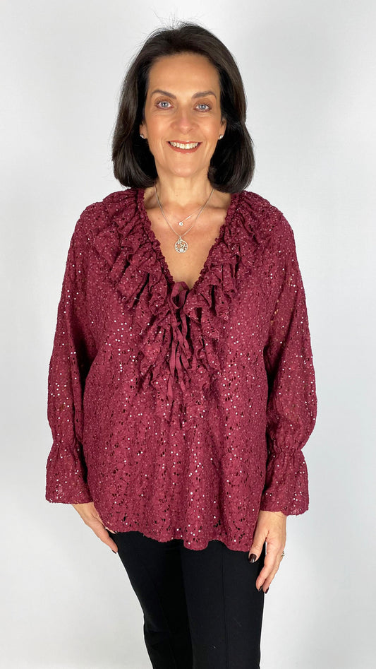 Lace & sequin tie & frill front blouse | 3 Colours