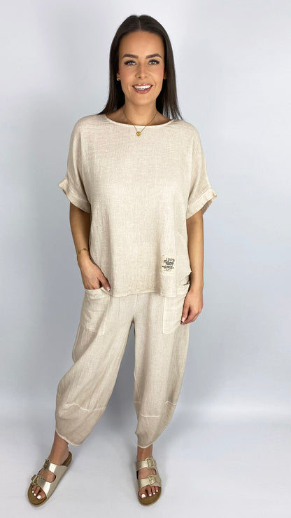 Cotton curved hem top & slim barrel-leg trouser set | 4 Colours | last 1