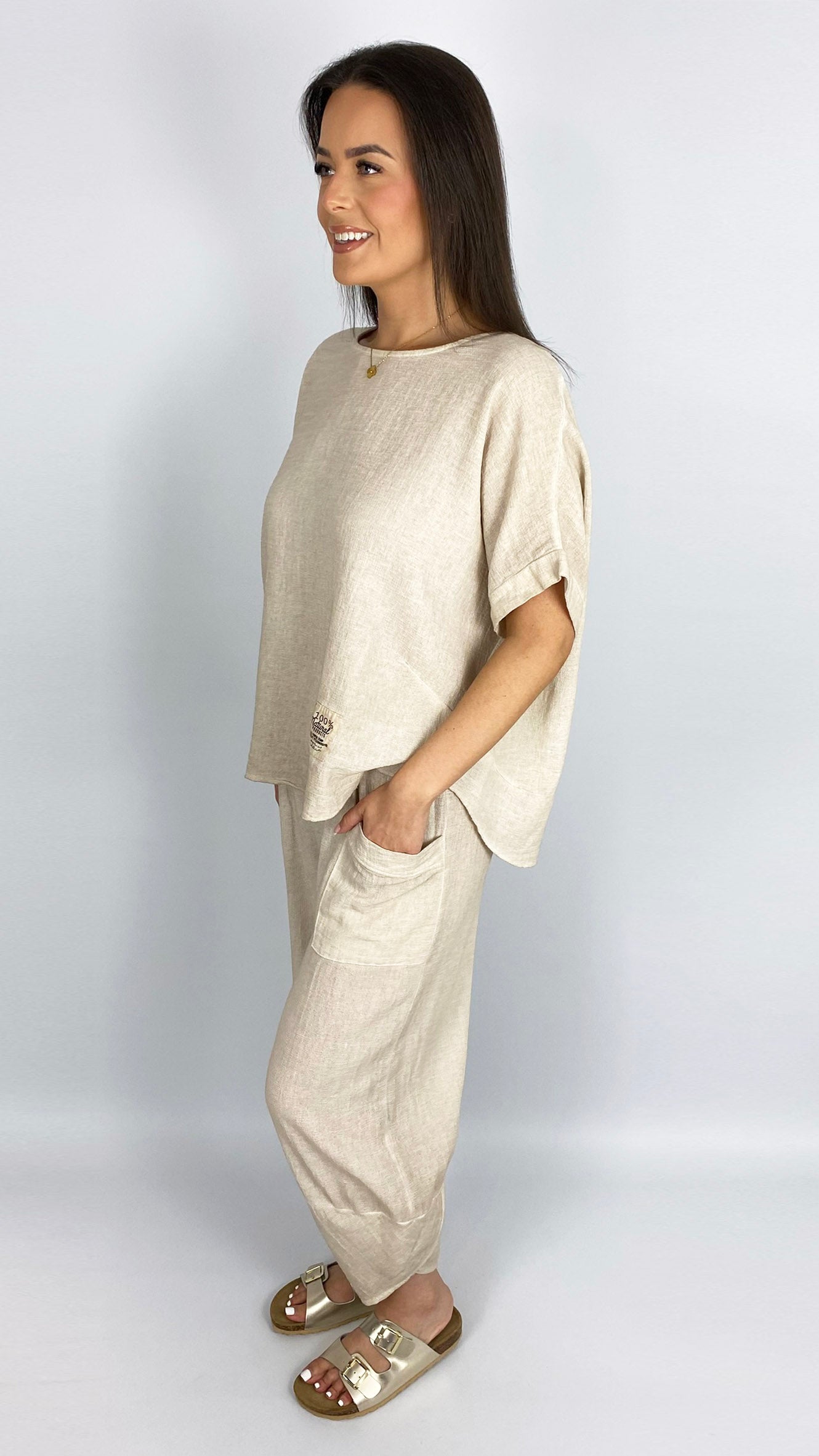 Cotton curved hem top & slim barrel-leg trouser set | 4 Colours | last 1