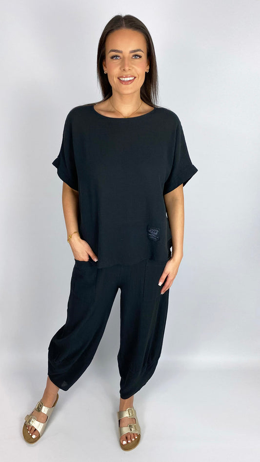 Cotton curved hem top & slim barrel-leg trouser set | 4 Colours | last 1