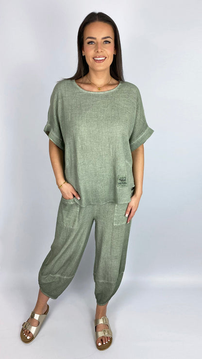 Cotton curved hem top & slim barrel-leg trouser set | 4 Colours | last 1