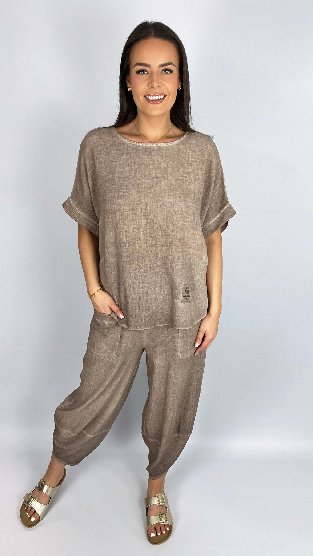 Cotton curved hem top & slim barrel-leg trouser set | 4 Colours | last 1