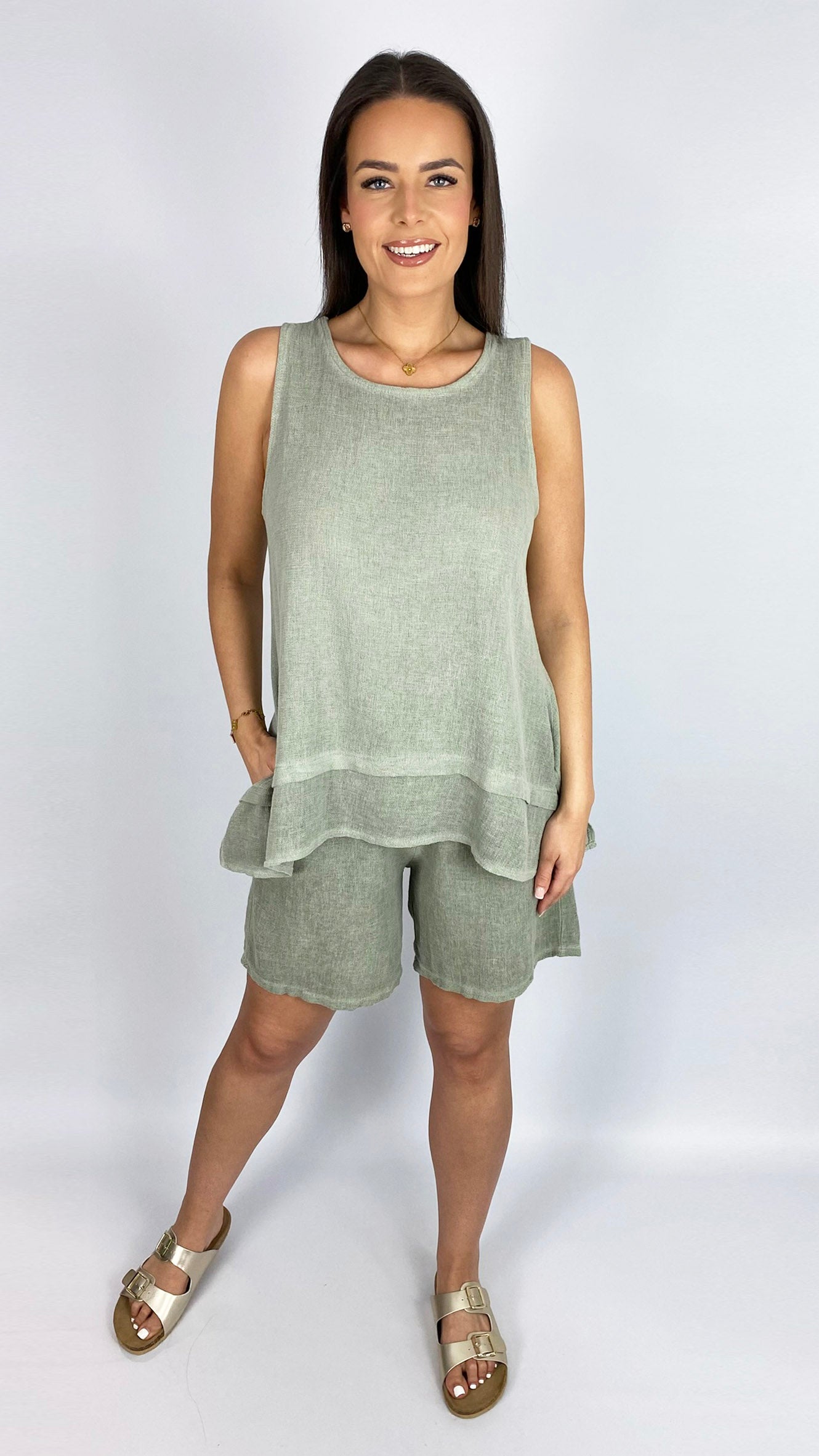 Cotton & linen mix sleeveless dipped-sides top | 3 Colours | last 1
