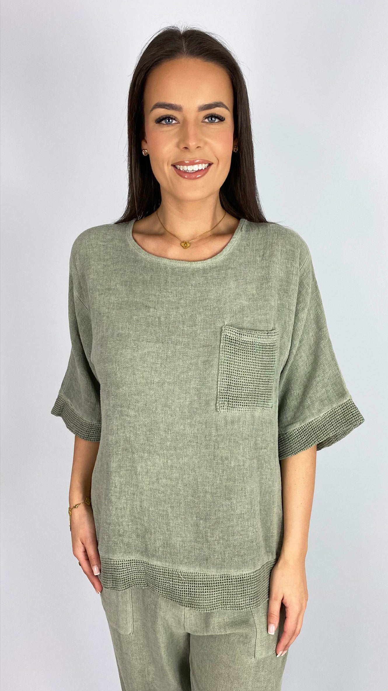 Cotton & linen mix feature pocket mesh trimmed top | 3 Colours