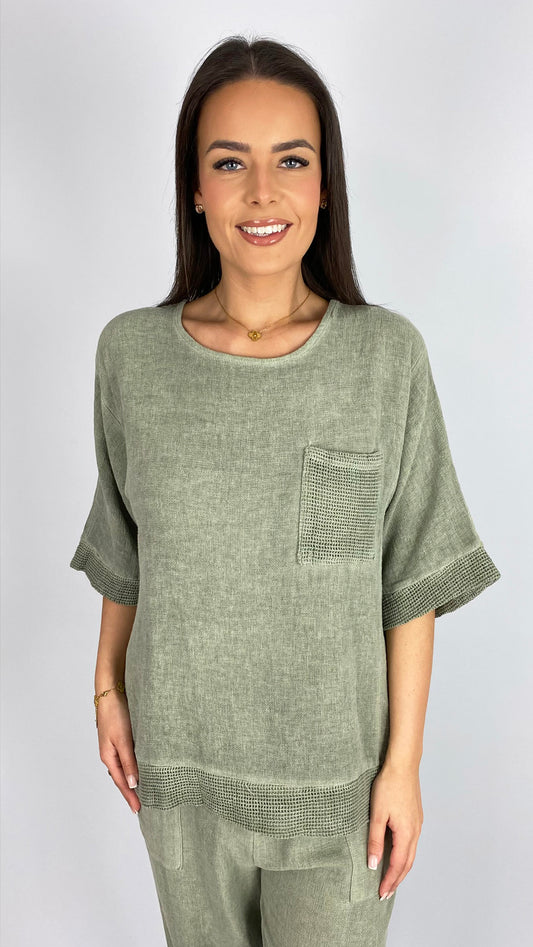 Cotton & linen mix feature pocket mesh trimmed top | 3 Colours