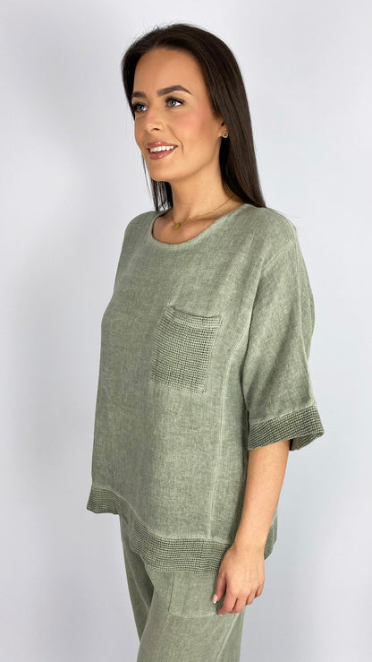 Cotton & linen mix feature pocket mesh trimmed top | 3 Colours