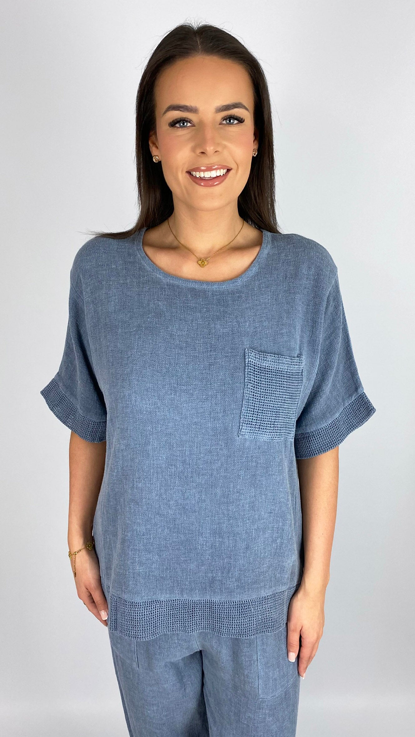 Cotton & linen mix feature pocket mesh trimmed top | 3 Colours