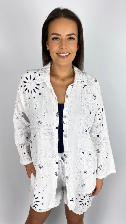 Cheesecloth bandana print button-through shirt| 3 Colours