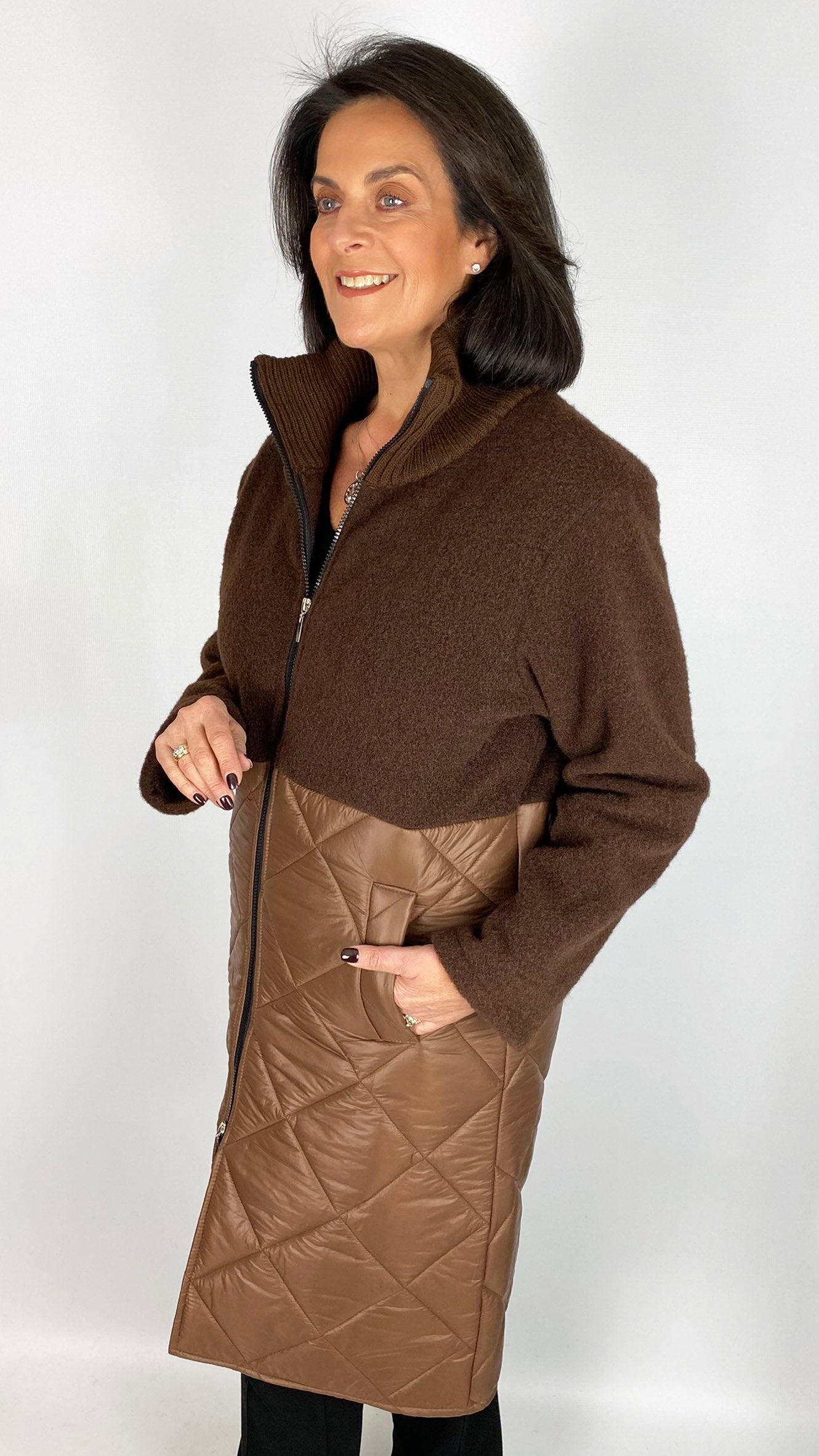 Half quilted zip-up longline jacket | 3 Colours