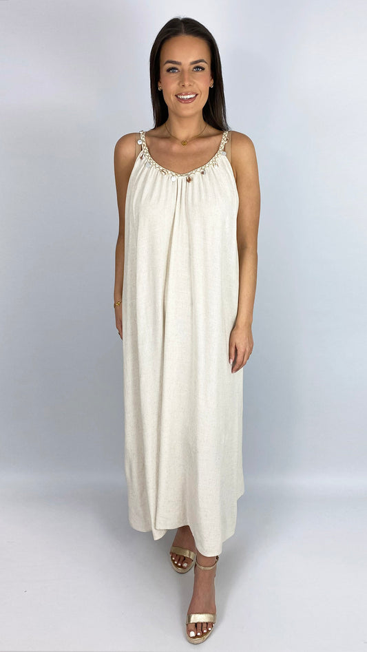 Shell embellished braided neckline linen mix maxi dress | 2 Colours