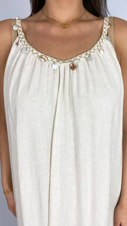 Shell embellished braided neckline linen mix maxi dress | 2 Colours