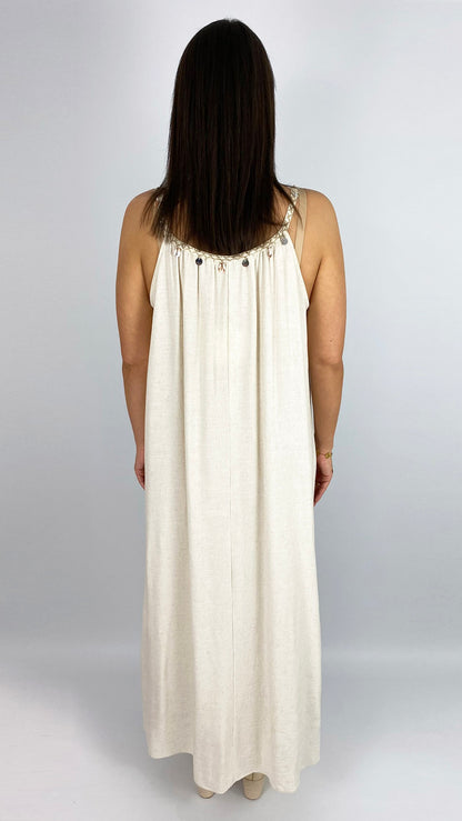 Shell embellished braided neckline linen mix maxi dress | 2 Colours
