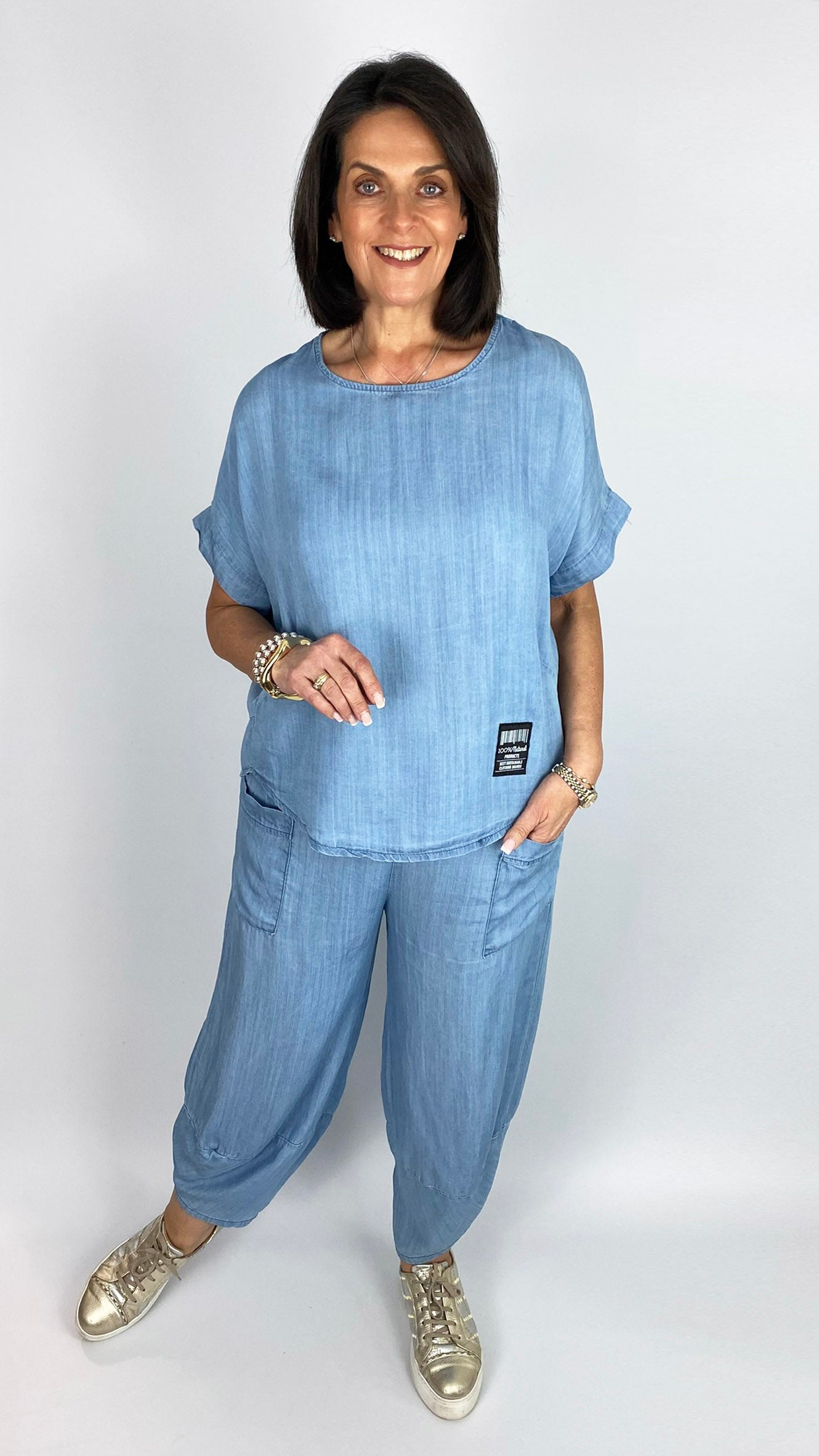 Chambray curved hem top & trouser set | 2 Colours