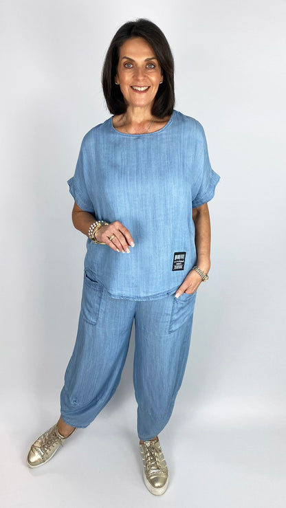 Chambray curved hem top & trouser set | 2 Colours