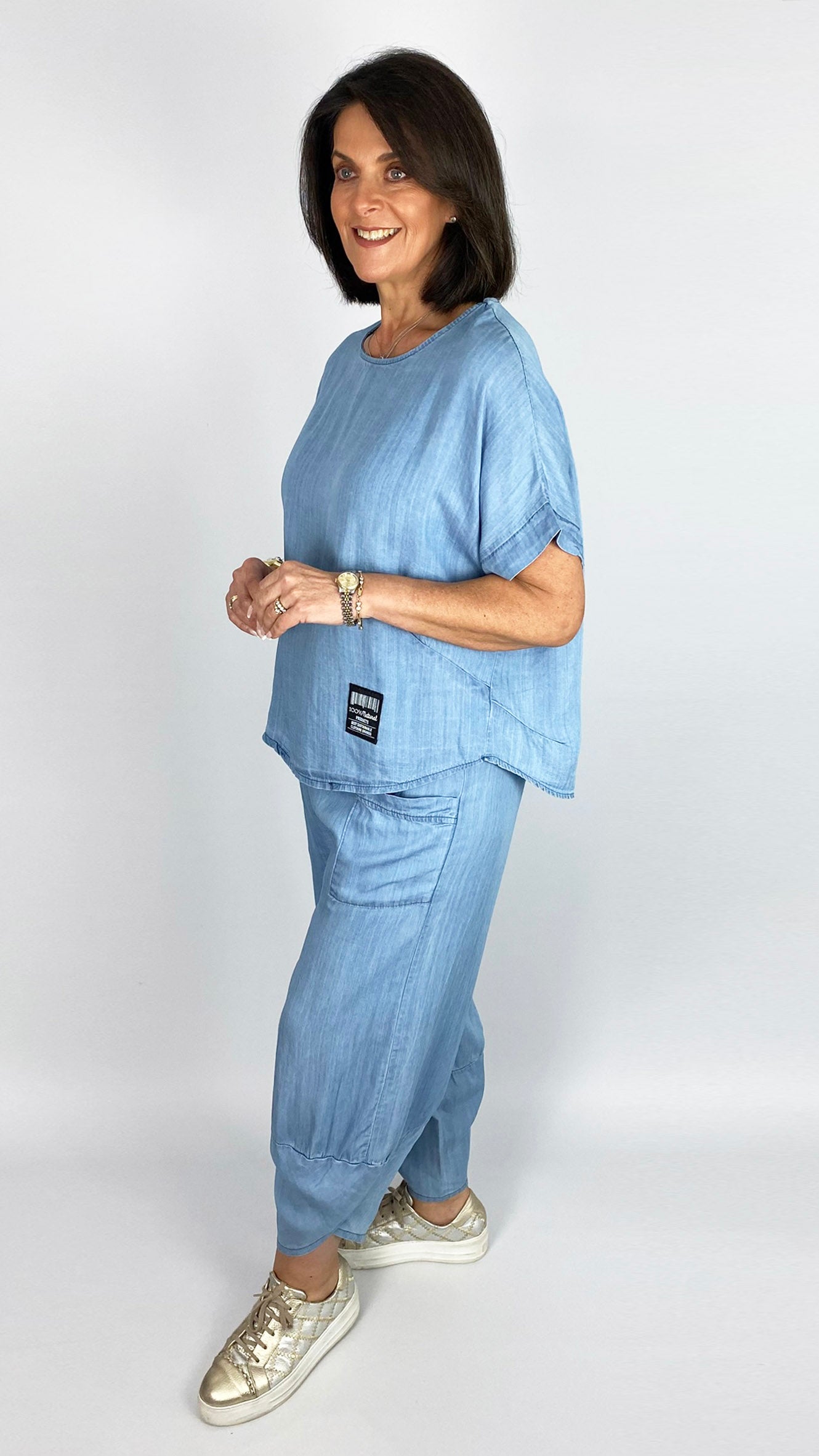 Chambray curved hem top & trouser set | 2 Colours