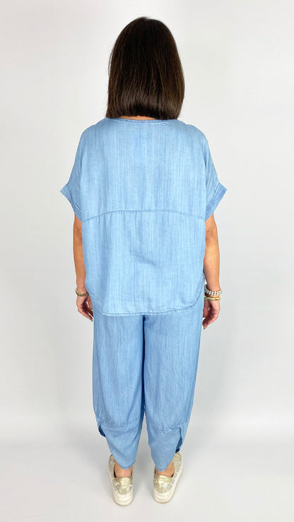 Chambray curved hem top & trouser set | 2 Colours