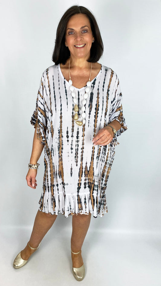 Frill trimmed natural tie dye dress | 2 Colours