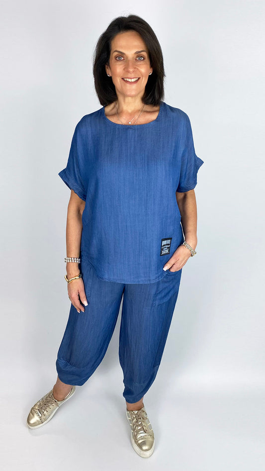 Chambray curved hem top & trouser set | 2 Colours