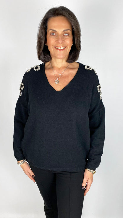 Rhinestone bow cold-shoulder jumper | 2 Colours