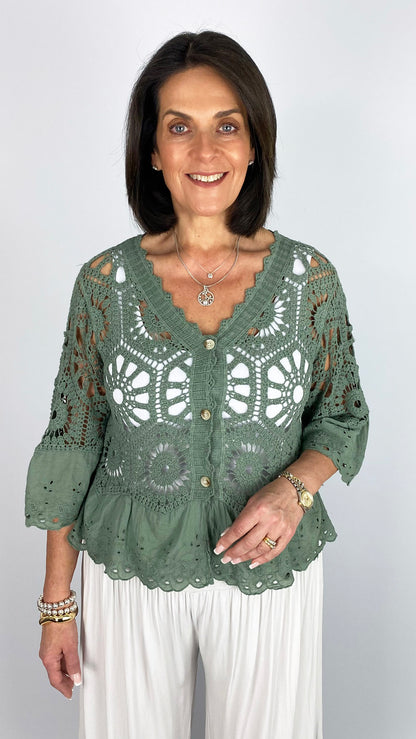 Crochet & embroidered button-through cardi | 6 Colours