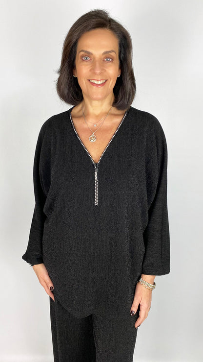 Lurex zip v-neck top | 4 Colours | Black back in! Limited!