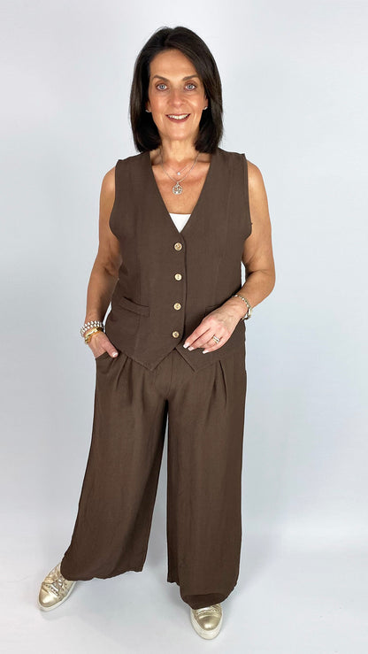 Button-through waistcoat & wide-leg trouser set | Chocolate