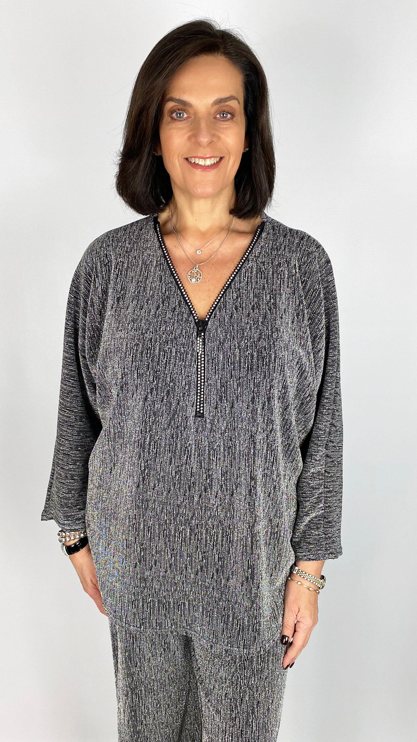 Lurex zip v-neck top | 4 Colours | Black back in! Limited!