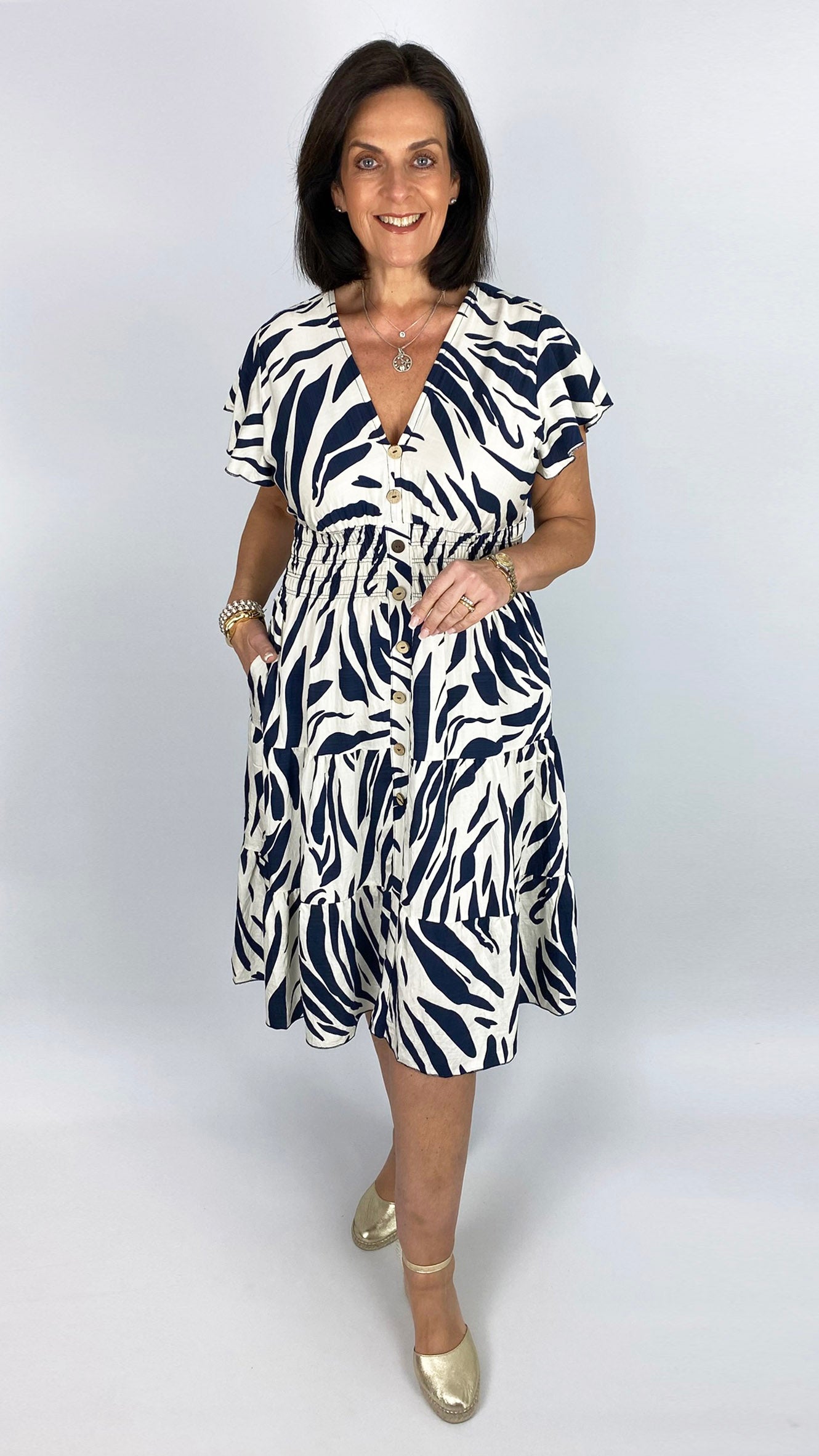 Print shirred waist v-neck midi dress | 4 Colours