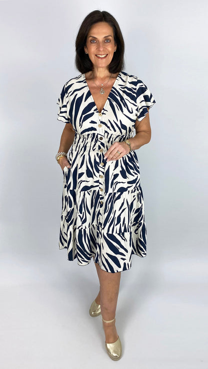 Print shirred waist v-neck midi dress | 4 Colours