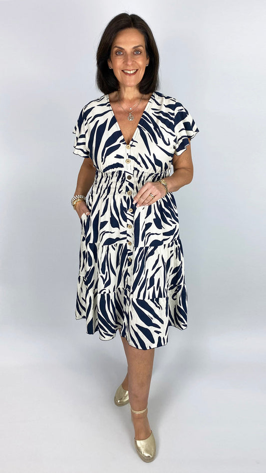Print shirred waist v-neck midi dress | 4 Colours
