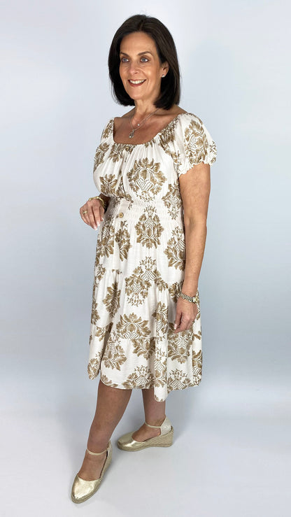 On/off-the-shoulder damask print tiered midi dress | 4 Colours