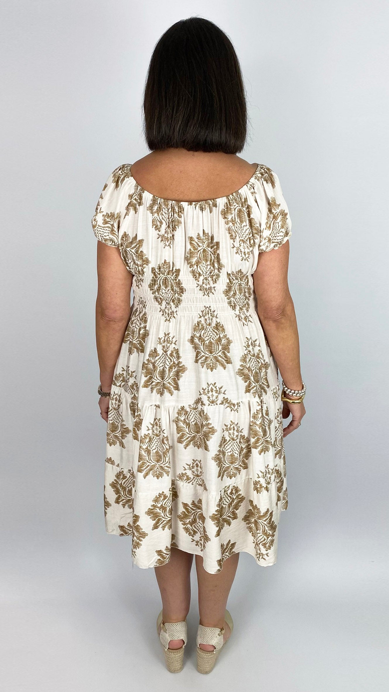 On/off-the-shoulder damask print tiered midi dress | 4 Colours