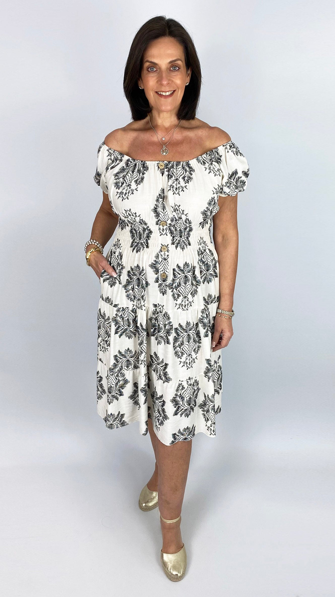 On/off-the-shoulder damask print tiered midi dress | 4 Colours