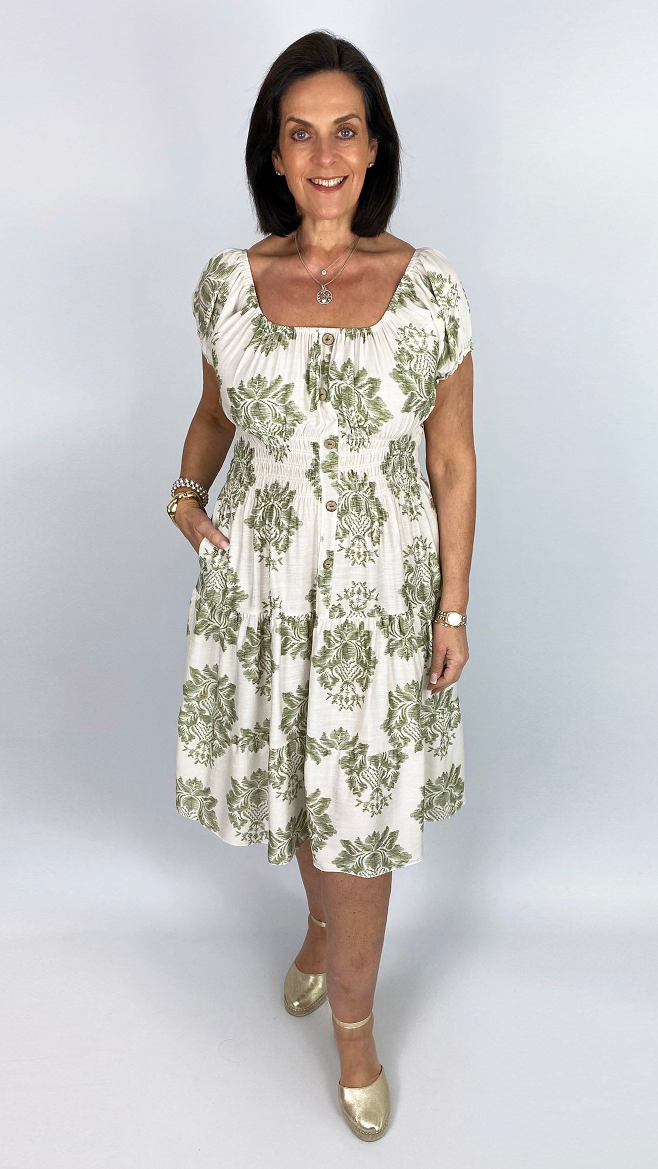 On/off-the-shoulder damask print tiered midi dress | 4 Colours