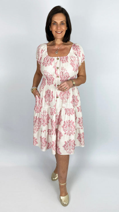 On/off-the-shoulder damask print tiered midi dress | 4 Colours