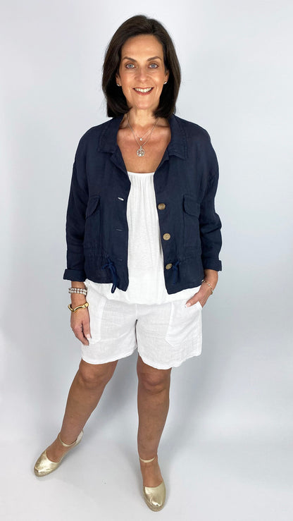 Pure linen drawstring waist collared jacket | 4 Colours