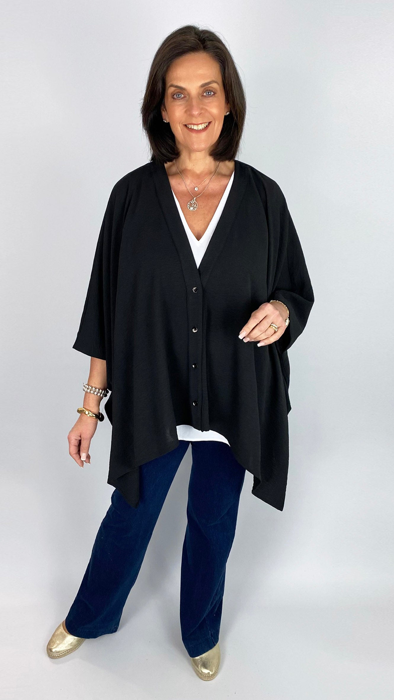 Crepe feel button-through top | Black | by Mat | last 1