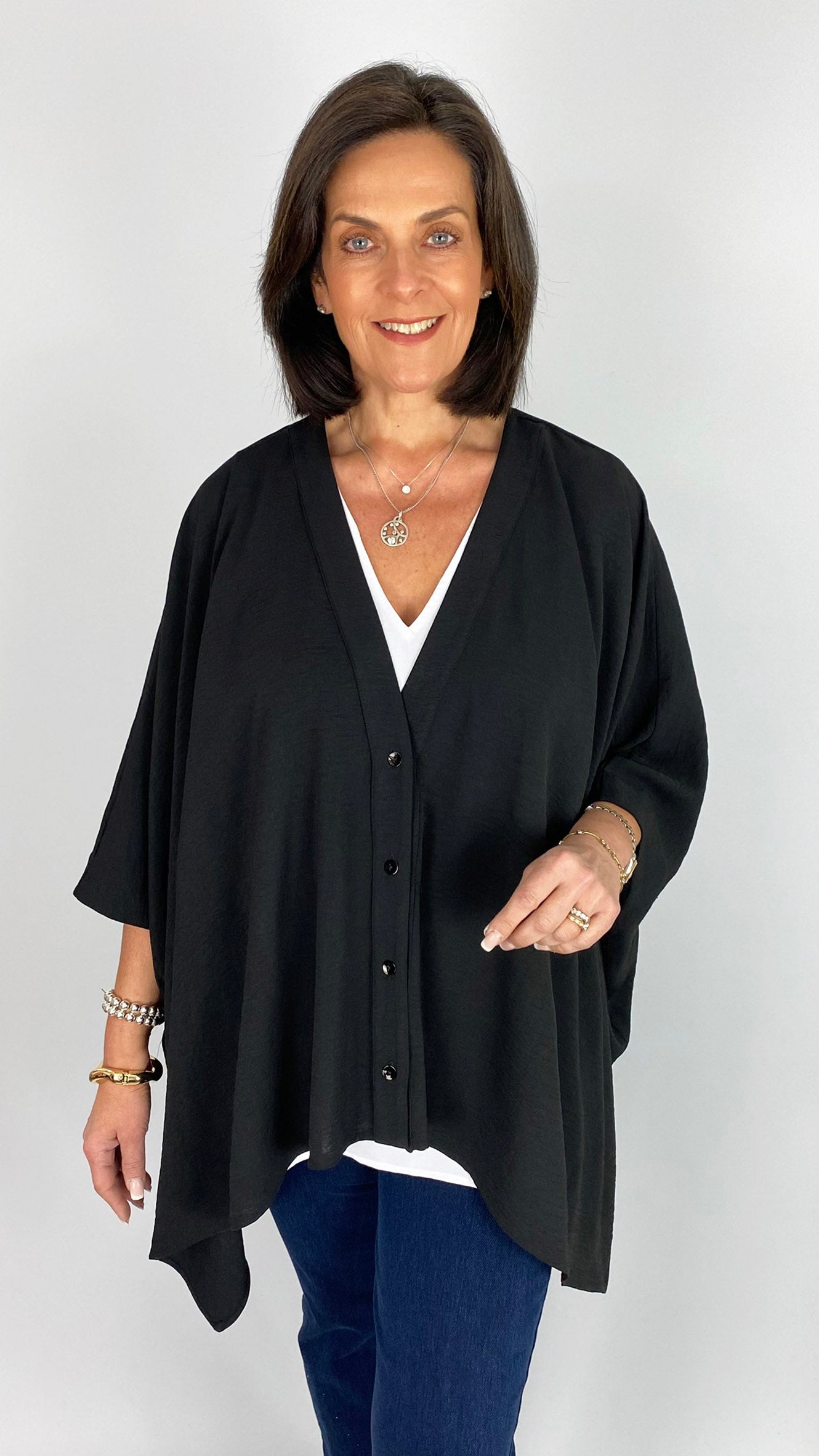 Crepe feel button-through top | Black | by Mat | last 1