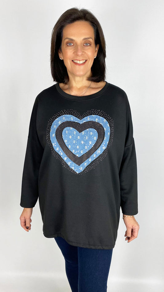 Denim & embellished heart motif sweatshirt | 5 Colours