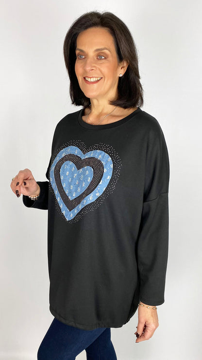 Denim & embellished heart motif sweatshirt | 5 Colours