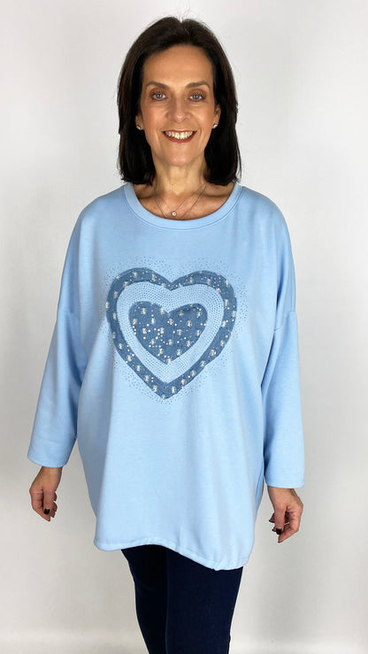 Denim & embellished heart motif sweatshirt | 5 Colours