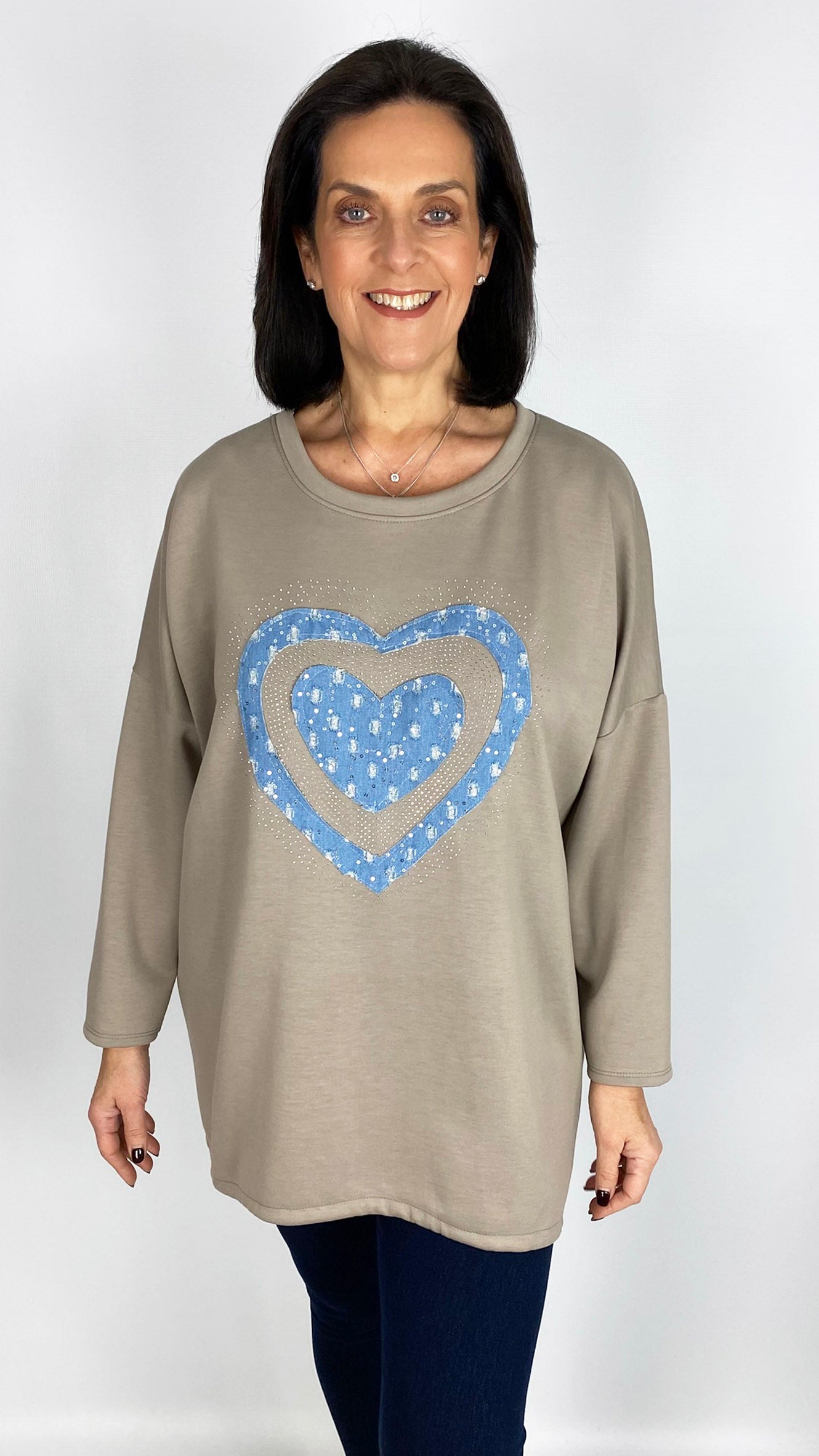 Denim & embellished heart motif sweatshirt | 5 Colours