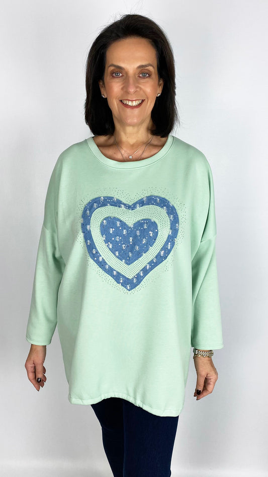 Denim & embellished heart motif sweatshirt | 5 Colours | last 1s