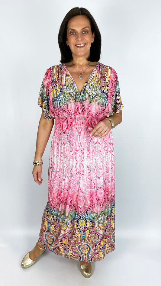 Crease-free crossover maxi dress | 3 Ombre & Gold-threaded Prints