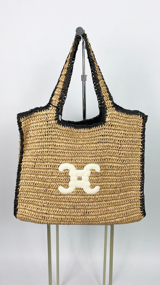 Designer-inspired raffia beach bag | Black/White