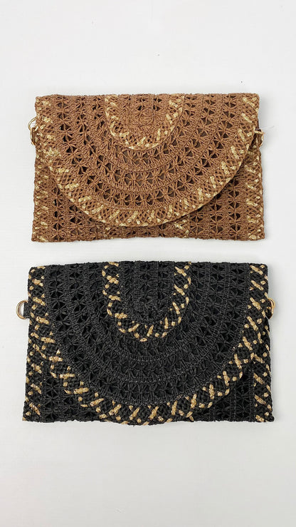Raffia clutch bag w/ faux leather crossbody strap | 2 Colours