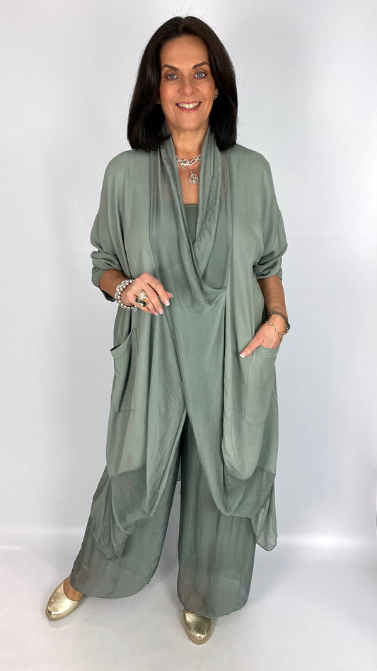 Silk & jersey longline crossover top | Khaki