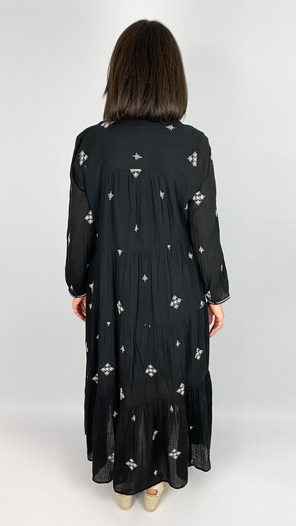 Cotton embroidered tiered dress | by Goa | Black/White