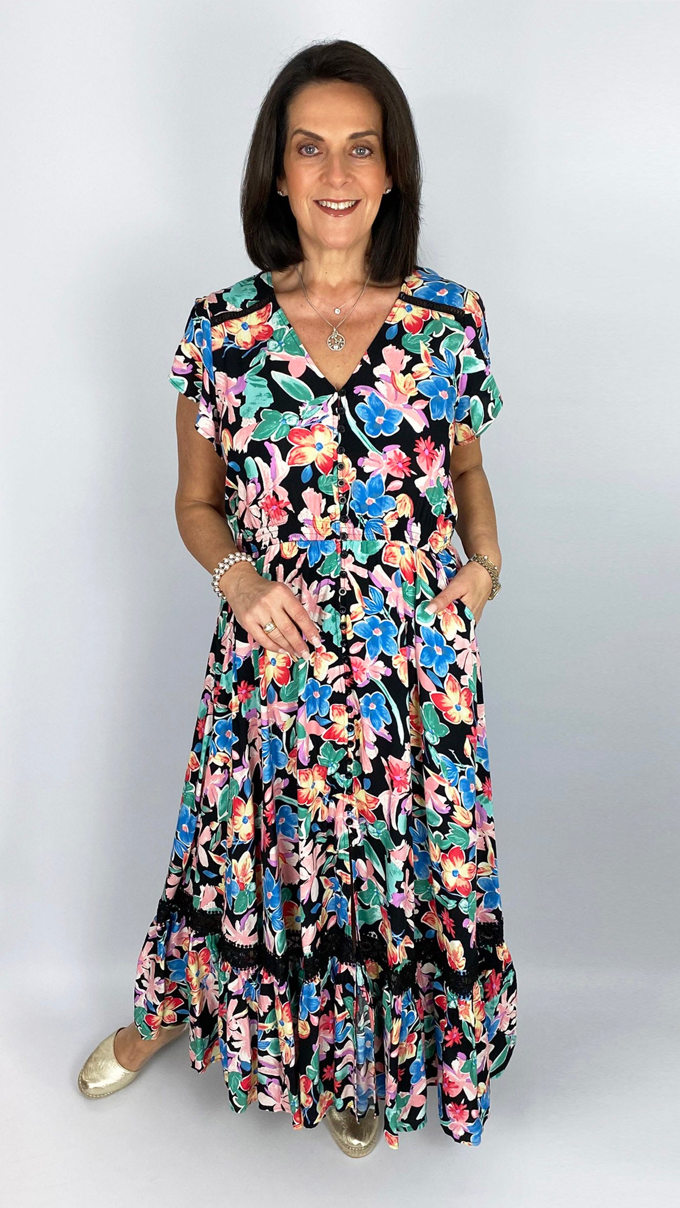 Button-through v-neck frill-sleeve print maxi dress | Multi Floral