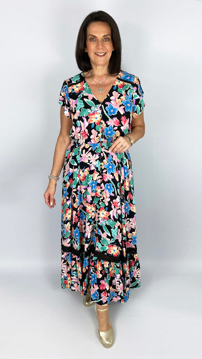 Button-through v-neck frill-sleeve print maxi dress | Multi Floral